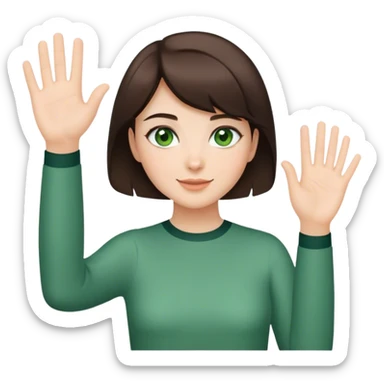 brunette girl with short hair and green eyes waving greeting sticker