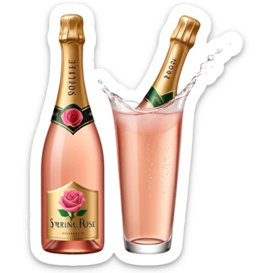 bottle of sparkling rosé champagne with a rose logo on the label, tilted up and to the right, no glass sticker
