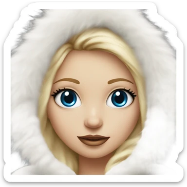 Beautiful Girl with lashes and blue eyes, blonde hair, in a extremely big fluffy oversized white fur coat with hood on. The fur is real and it’s very obvious big and fluffy  sticker