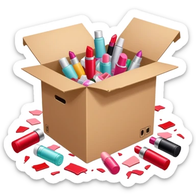 cardboard box bursting open with lipsticks, shampoo, and nail polish scattered everywhere, symbolizing disorganization sticker
