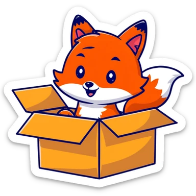 Mischievous fox playing in a colorful cardboard box, kids toy style sticker