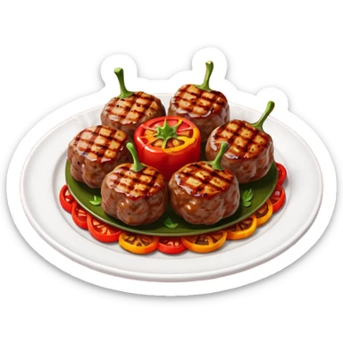 Akçaabat meatballs object icon, grilled Turkish kofte pieces on a plate, smoky char marks, juicy texture, served with grilled peppers and tomatoes, 3D cartoon, mobile game icon style, centered, clean background, no text, no watermark
 sticker