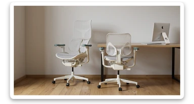 Editorial shot, Make this chair next to desk with mac setup, wooden modern floor, minimalistic room, contrast chair to wall, chair standing front to camera sticker