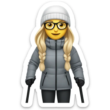 slightly chubby full female skier with long straight blonde hair, glasses, grey snow jacket, black pants and black skis. no poles. show full body from the top of the head to the boots front on without braids in hair. sticker