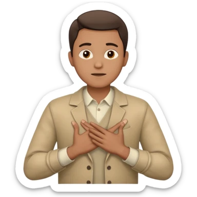 un hombre con las dos manos en el pecho, con las palmas de las manos abiertas. con ropa sticker