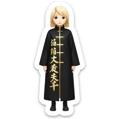 A long black anime style coat with a straight silhouette, reaching below the knees. On the center of the back, bold vertical golden Japanese kanji characters are printed glowing slightly against the dark background. The coat has a high collar and long sleeves. sticker