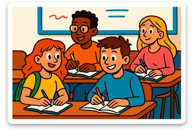 group of four students, two boys and two girls, taking notes during a university class, colorful cartoon style, whiteboard background sticker