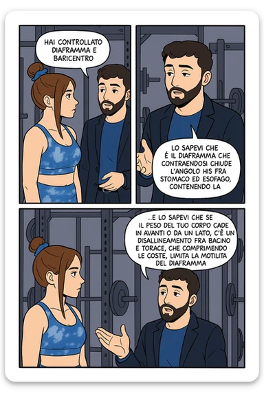 TRASFORMA QUESTO CAROSELLO IN UN FUMETTO STILE WEBTOON/MANGA A COLORI CON QUESTE DUE PERSONE IDENTICHE CHE INTERLOQUISCONO TRA LORO, L'uomo sta spiegando alla donna questo concetto:

LUI (UOMO): Hai controllato diaframma e baricentro corporeo?
LUI (UOMO): Lo sapevi che è il diaframma che contraendosi chiude l’angolo his fra stomaco ed esofago, contenendo la risalita degli acidi grassi?
LUI (UOMO): …e lo sapevi che se il peso del tuo corpo cade in avanti o da un lato, c’è un disallineamento fra bacino e torace, che comprimendo le coste, limita la motilità del diaframma e quindi il contenimento del reflusso? sticker
