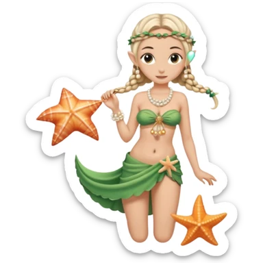 female elf in seashell bikini top, sarong skirt, braided hair with pearls. Holding starfish sticker