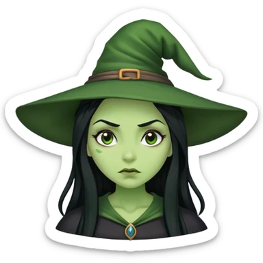 Green-skinned witch with long black hair, embarrassed expression, blushing sticker