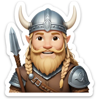 Clash of Clans aesthetic: Cinematic Cheerful Viking Portrait Emoji, With a bright, confident smile and a relaxed, adventurous stance, showcasing a stylized, spirited build with a classic Viking helmet and braided hair, his natural skin tone lending authenticity, Simplified yet expressive features, highly detailed, glowing with a soft, golden Nordic radiance, high shine, upbeat and courageous, stylized with an air of classic Viking heroism, soft glowing outline, capturing the essence of a cheerful Viking ready to embark on legendary quests! sticker