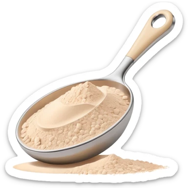 Beige measuring spoon filled with powdered supplement, pastel backdrop sticker