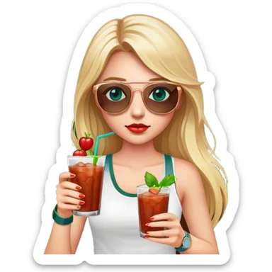 girl with long blond hair
with blue eyes
and aviator sunglasses
wearing white tank top 
holding bloody mary
wearing (rose gold apple watch with forest green band) sticker