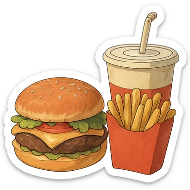 ghibli style burger meal set with fries and drink sticker