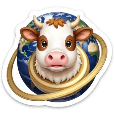 A cute cow with its head and front legs attached to the planet Saturn as its body, with Saturn's distinctive rings circling around the middle sticker