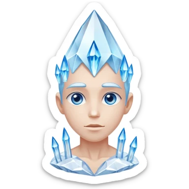 A single crystal character inspired by a clear quartz cluster, amorph base with many tall transparent crystal spikes growing upward all around it with a face sticker