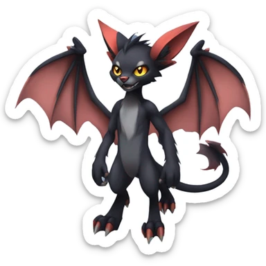 Black cool vampiric Noivern-Litten-Lykoi-Caracal-Fakemon with big bat ears full-body sticker
