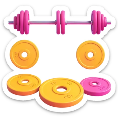Barbell with weight plates gym equipment floating in the air, bright colors sticker