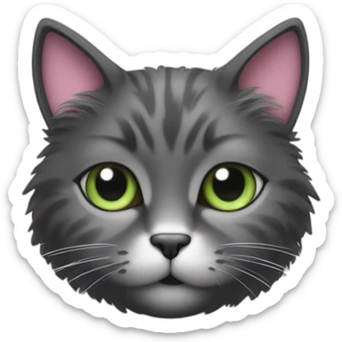 fluffy dark grey cat with white spots near the pink nose, green eyes and white long whiskers sticker