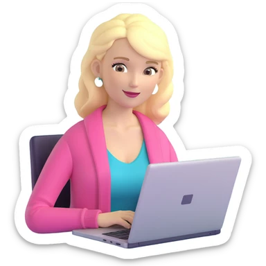blonde woman in a pink cardigan working on a laptop sticker