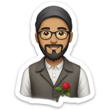 A Muslim bearded teenager wearing glasses with a rose and a letter sticker