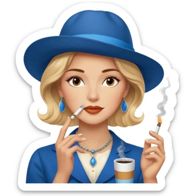 a woman with a slight smile smoking a cigarrette while holding a blue hardcover of Anna Karenina by Liev Tolsoi in a cafeteria full of queer people being nice and ordering specialty coffee from nigeria sticker