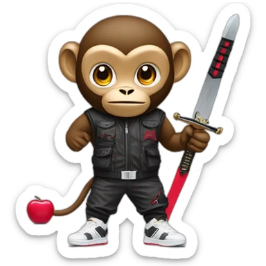 Monkey wearing Jordan 4 on its  feet with a bunch of Nike clothes  with swords sticker