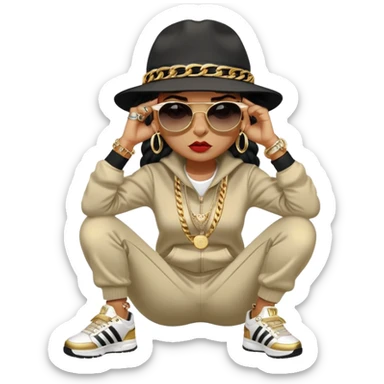 female cat wearing Run DMC hip-hop outfit with tracksuit, fedora, Adidas sneakers, dark sunglasses, many gold chains, rings, bracelets, flashy earrings, fallen down with worried expression sticker