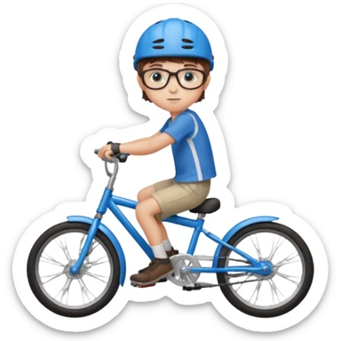 12 year old boy with short brown hair and a fringe, round glasses, blue eyes, riding a blue bike, wearing a red helmet sticker