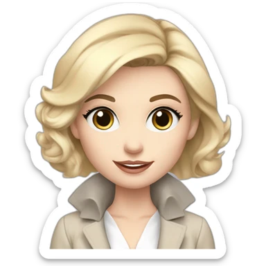 pale skin woman interior designer with cold blonde middle length hair, blue eyes, beige blouse, White oversize jacket, Gray skirt holding a color palette in the hands sticker