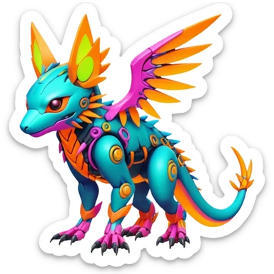 Tropical futuristic lush warm-colored modern colorful neon-colored cyber-Fakémon-Digimon-Trico-creature sticker