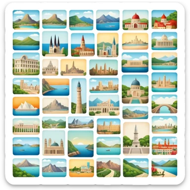 Icon for Postcard Collecting: a collection of colorful vintage postcards, featuring scenic views, landmarks, and greetings, arranged neatly in an album or on a display board. The icon should convey the charm and nostalgia of postcard collecting. Transparent background. sticker