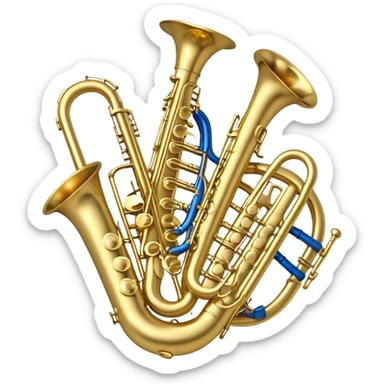 Create a complex, festive, and professional emblem-like emoji representing wind instruments. The design should resemble a heraldic crest, featuring iconic brass and woodwind instruments such as a trumpet, saxophone, clarinet, flute, trombone, and tuba, symmetrically arranged in a balanced composition. A flowing ribbon of musical notes should elegantly weave around the instruments, intertwining with their curves, bells, and mouthpieces, creating a dynamic and harmonious effect. The instruments should have rich metallic tones—gold for brass and silver for woodwinds—with polished highlights and intricate details on the keys and valves. Decorative elements such as elegant scrollwork, laurels, or subtle engravings should enhance the grandeur of the design, making it look celebratory and prestigious. The overall composition should be visually complete, refined, and suitable as a standalone emblem. The background should be transparent. sticker