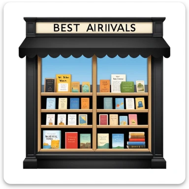 Bookstore window display. A sign displays “New Arrivals This Week”. Below, a shelf tag with the text “Best-Selling Novels Here”.  sticker