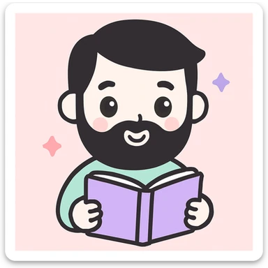 a white young man with a black beard, straight hair, and brown eyes reading a lilac-colored book, cute cartoon style sticker