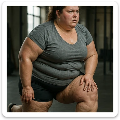 overweight woman doing lunges, stubborn fat on legs and thighs, hyper realistic 4K style, muscle details, effort atmosphere sticker