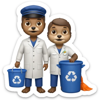 an otter disguised as a man picking up trash bins, next to a mad scientist sticker