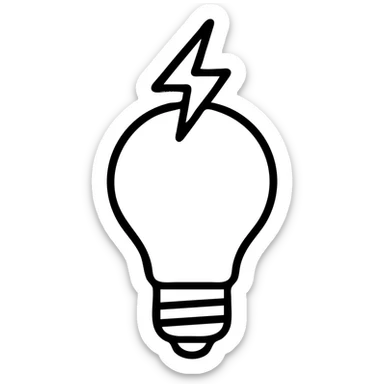 minimalist vector icon of a classic incandescent lightbulb with rounded glass bulb and screw-in base, with a sharp angular lightning bolt emerging upward from the top of the bulb, clean modern vector art, single dark gray color, no gradients or shadows, bold clear lines, balanced proportions, unified design sticker