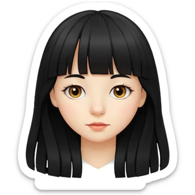 A girl with long black hair with bang and small nose  sticker