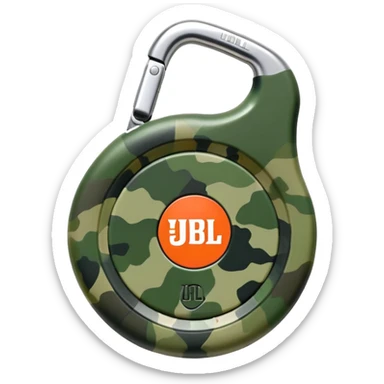 Minimal JBL Clip 4 with proper circular form, carabiner clip, green camouflage, and JBL branding visible, iOS emoji style sticker