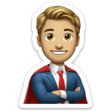 An employee of a real estate agency in a Superman suit with a red letter e sticker