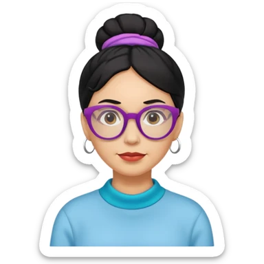 light skin middle aged with low bun in black hair with colorful glasses sticker