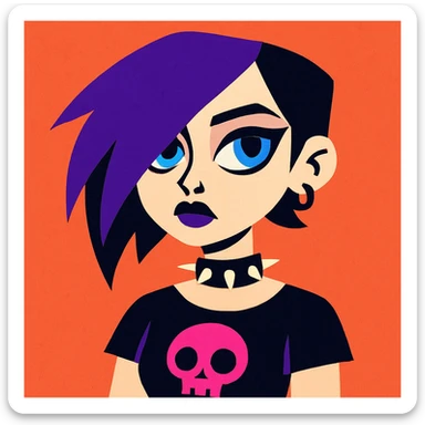 goth girl with purple asymmetrical hair, blue eyes, pale skin, unique illustrative style sticker