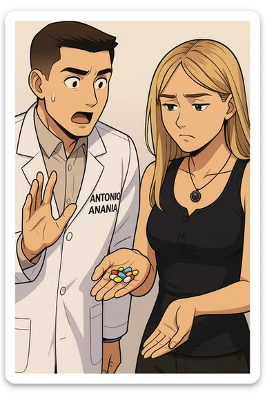 fai un webtoon/manga a colori con questo kinesiologo in camice bianco (fagli la scritta "ANTONIO ANANIA" SUL CAMICE) CHE PARLA CON QUESTA RAGAZZA. LA RAGAZZA HA UN PUGNO DI INTEGRATORI IN MANO (TANTE PILLOLE DIVERSE) E LE GUARDA DUBBIOSA. IL KINESIOLOGO CON IL CAMICE BIANCO LE DOMANDA UNA COSA SCIOCCATO. NON FARE I FUMETTI, FAI SOLO LORO COME SE DIALOGASSERO sticker