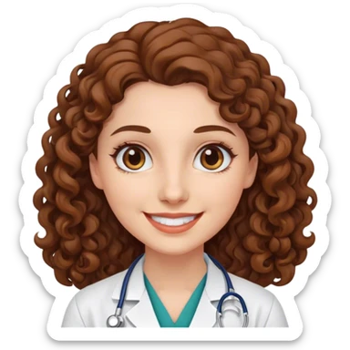 smiling doctor woman, brown eyes, white skin,  long brown curly hair sticker