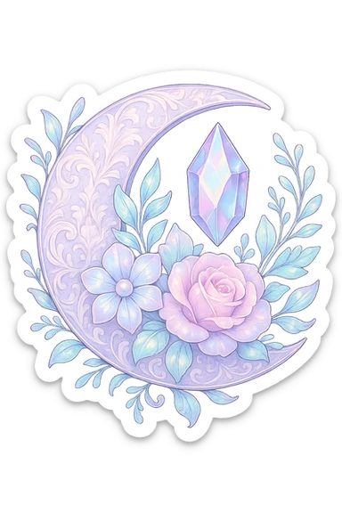 glossy Pastel iridescent floral shiny crystal crescent damask moon, remove background sticker