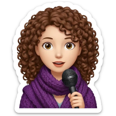 curly haired woman with winter clothes holding microphone sticker