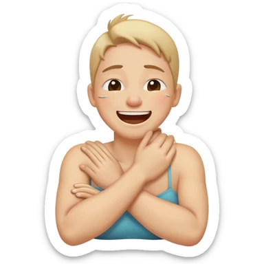 Arms crossed holding neck laughing and crying  sticker
