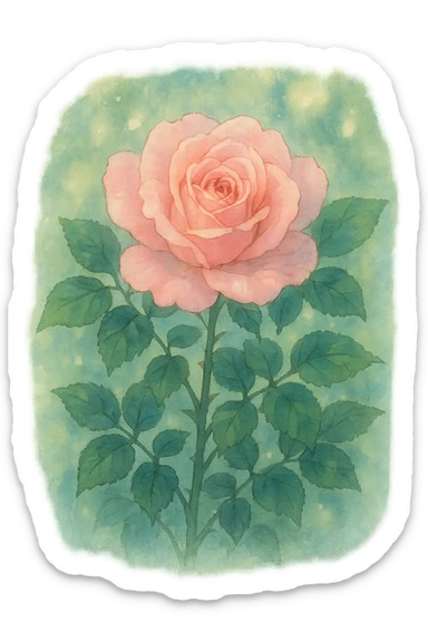 pink rose, ghibli style, soft petals, dreamy atmosphere, green leaves sticker