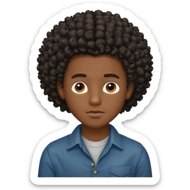 Garoto estiloso, bonito, gentil, de pele negra com cabelo cacheado e grande sticker